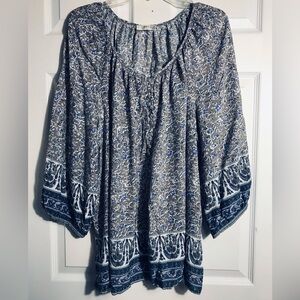 Kenar Boho Floral Peasant Top in Gray and Blue 1X